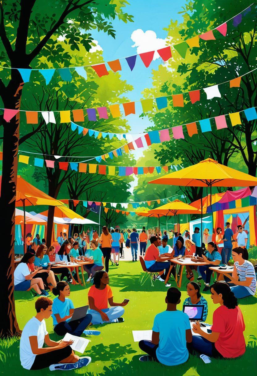 A vibrant community gathering with diverse teenagers engaged in lively discussions, surrounded by colorful banners and art installations, symbolizing connection and growth. The background features trees and a park with elements of technology like tablets and laptops, indicating modern communication. Emphasize joyful expressions and collaborative activities. bright colors. illustration.