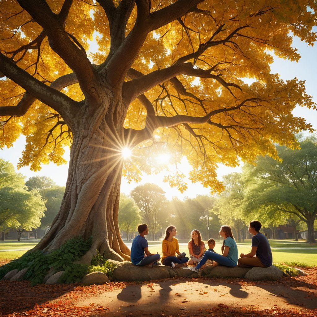 A diverse group of teenagers engaged in meaningful conversation under a large tree, symbolizing growth and support. Bright colors depict their emotions, with subtle rays of sunlight filtering through the leaves, creating a warm and inviting atmosphere. In the background, hints of a community center and nature symbolize connection and empowerment. super-realistic. vibrant colors. warm tones.
